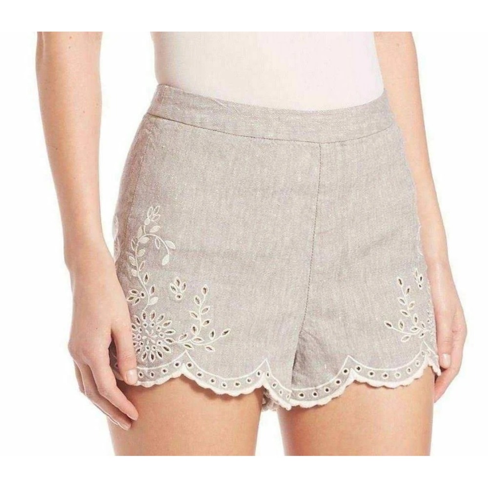 FREE PEOPLE Gray LIFE'S TOO SHORT Linen Blend EYELET TRIM Zip Side SHORTS Sz 6